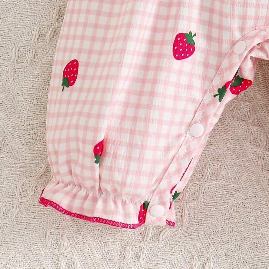 Elegant Strawberry Plaid Print Short Sleeve Baby Jumpsuit