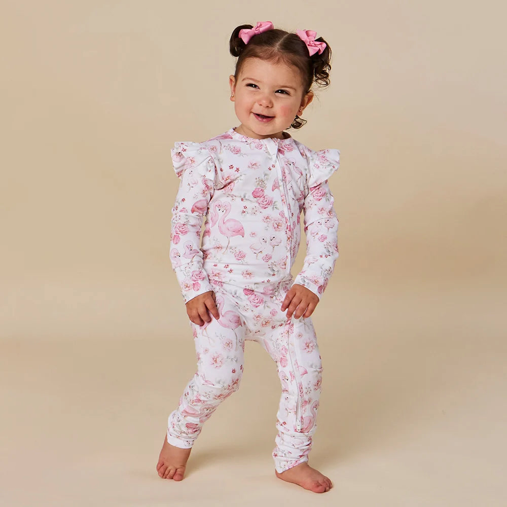 2PCS Baby Girl Flamingo Floral Print Ruffle Long Sleeve Zipper Jumpsuit