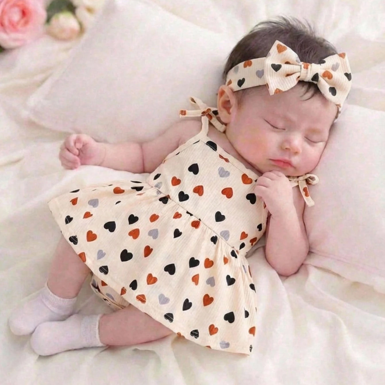2PCS Cute Heart Printed Sleeveless Baby Girl Romper