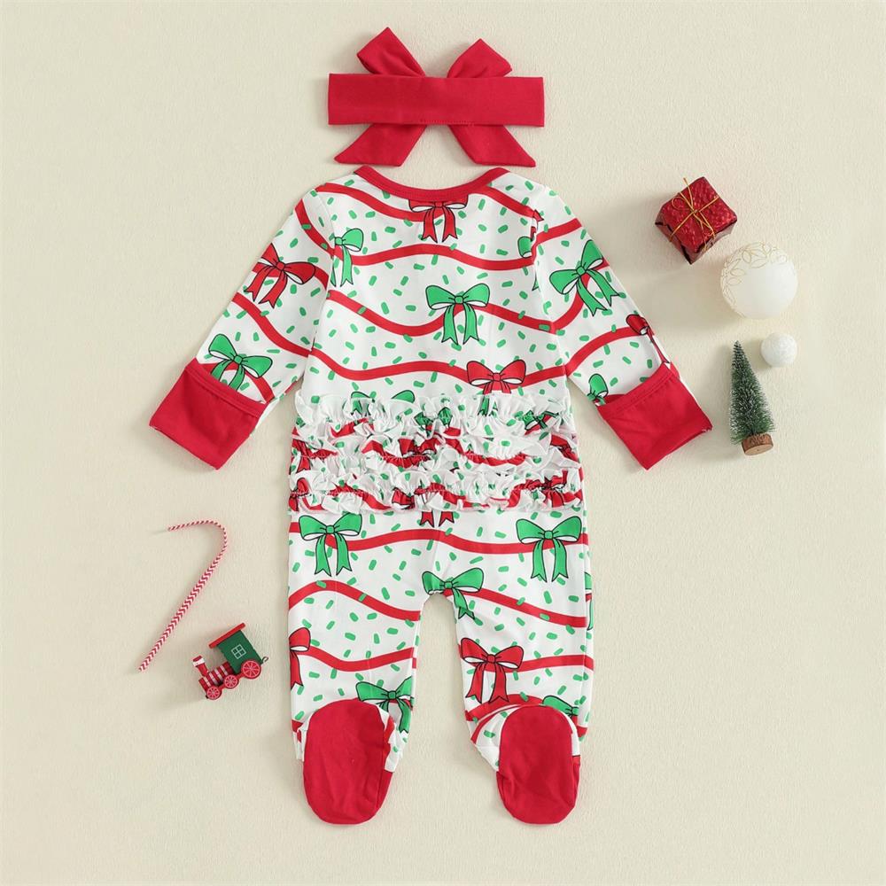 2PCS Christmas Bow Print Long Sleeve Baby Jumpsuit