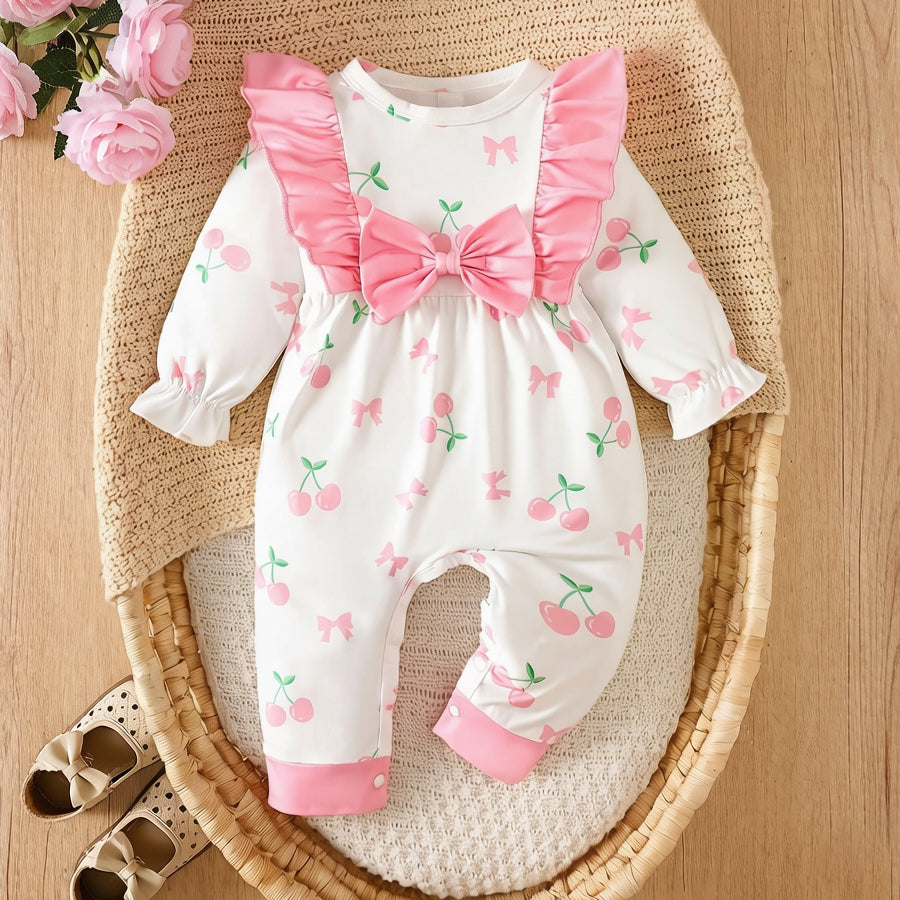 Pretty Cherry and Bow Print Ruffle Trim Long Sleeve Baby Jumpsuit