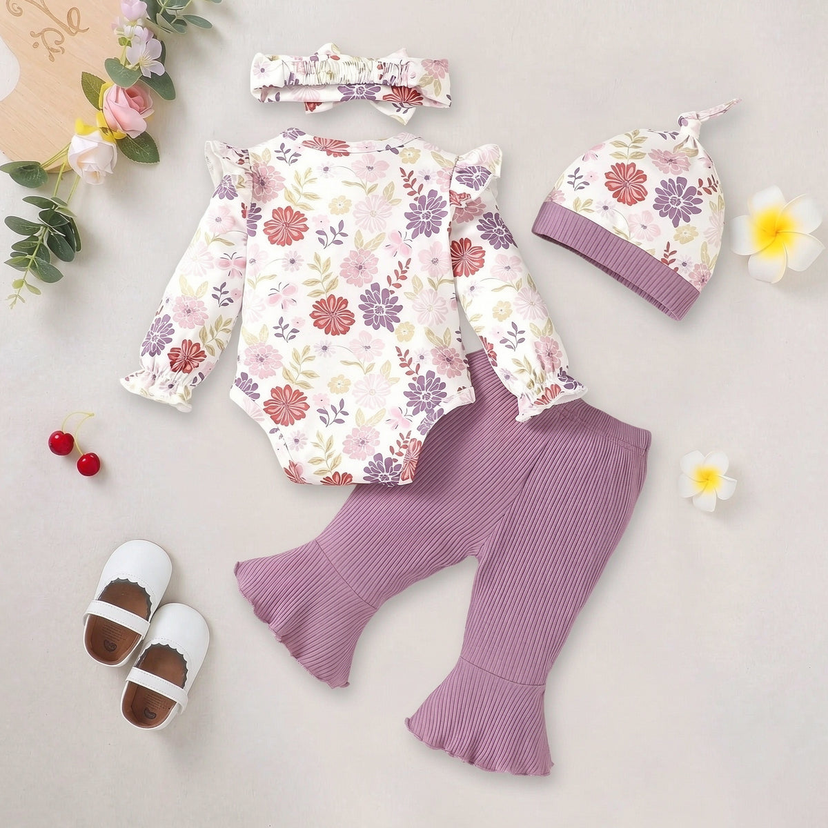4PCS Cheerful Baby Girl Floral Print Bow Long Sleeve Set