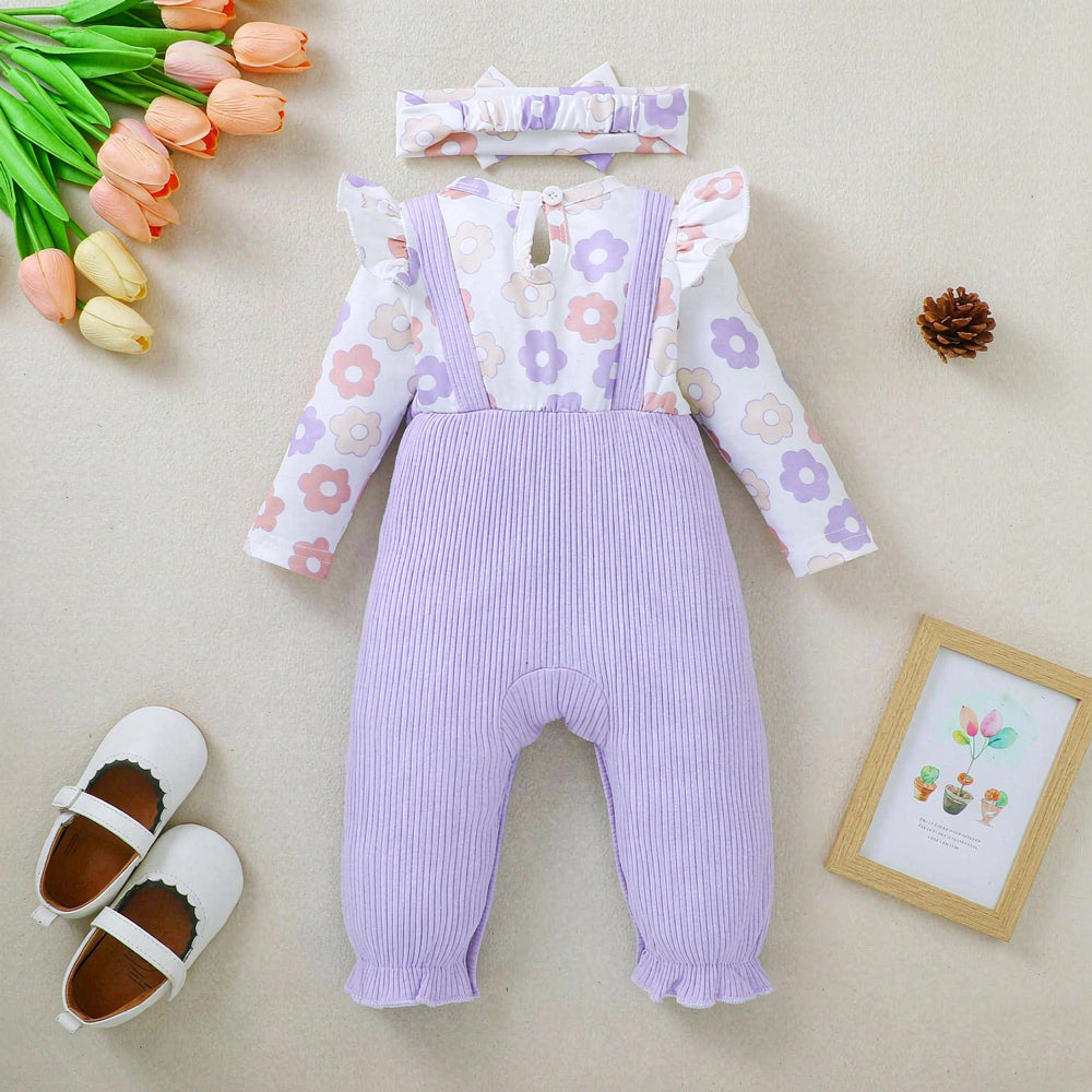 2PCS Elegant Floral Printed Long Sleeve Bow Baby Jumpsuit