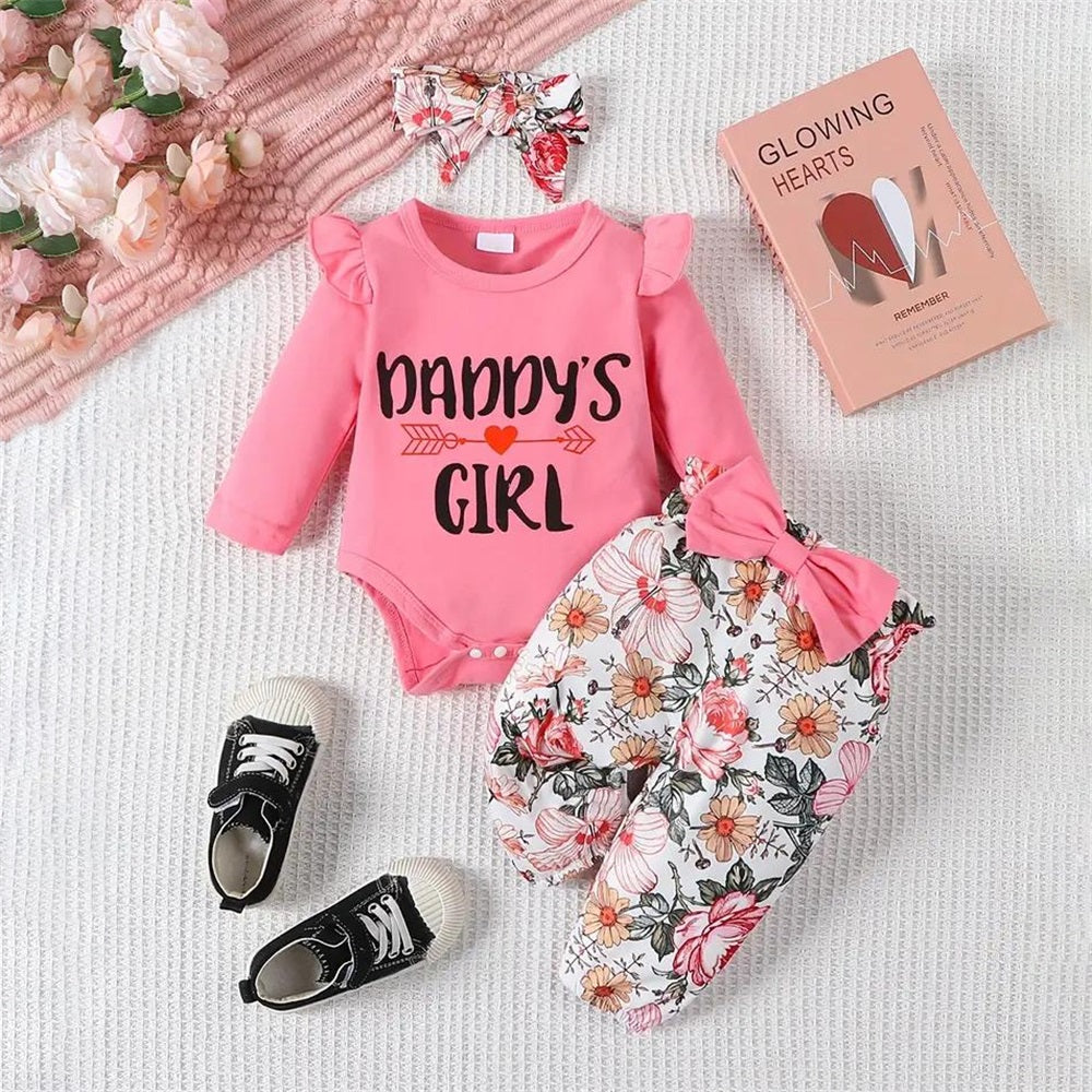 3PCS Daddy's Girl Letter Floral Print Long Sleeve Baby Set