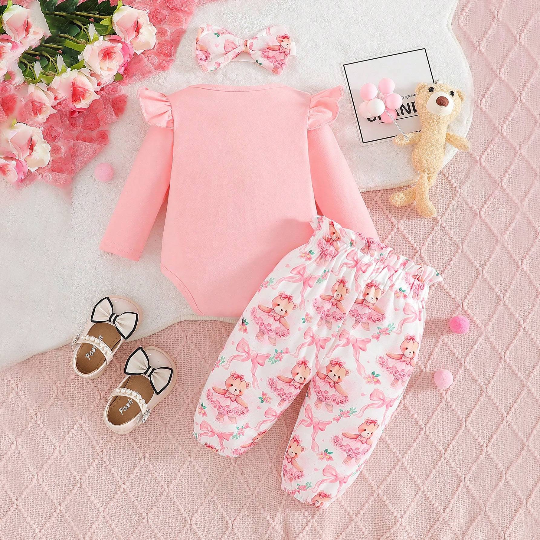 3PCS Little Sister Letter Bear Printed Long Sleeve Baby Set