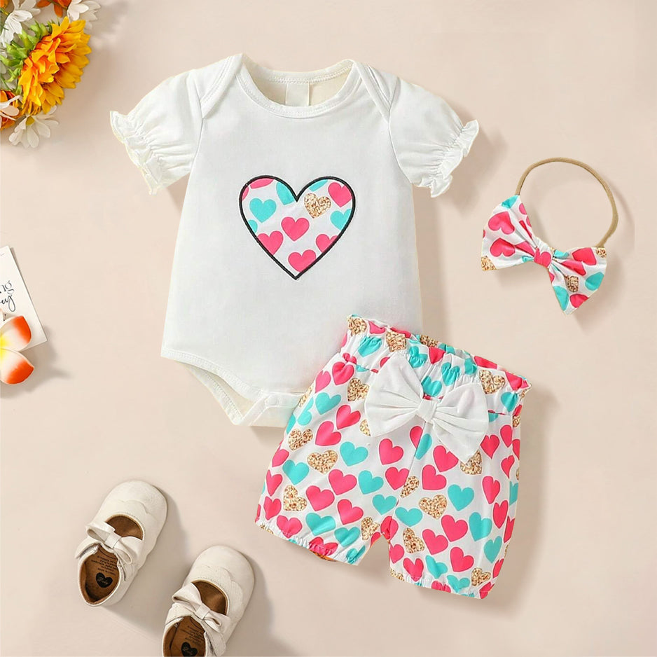 3PCS Pretty Heart Printed Short Sleeve Baby Set