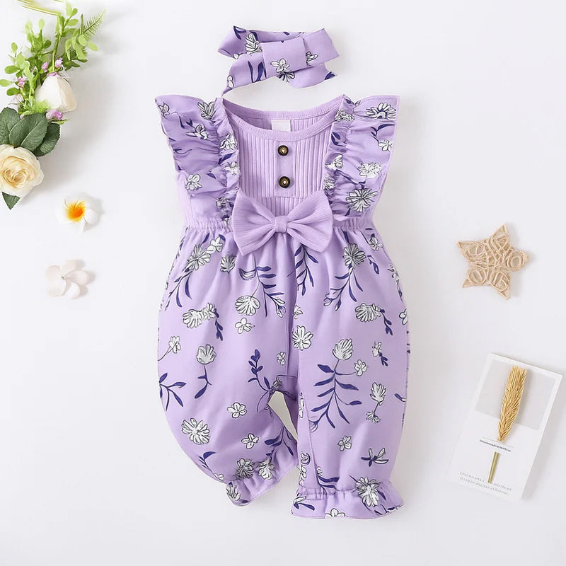 2PCS Summer Stylish Floral Printed Sleeveless Baby Jumpsuit