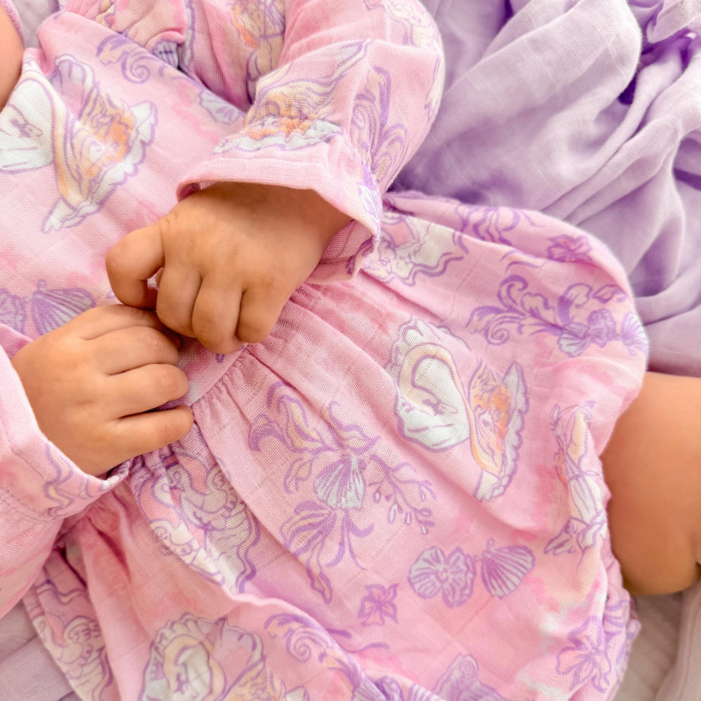 Whimsical Swan and Floral Printed Long Sleeve Baby Romper