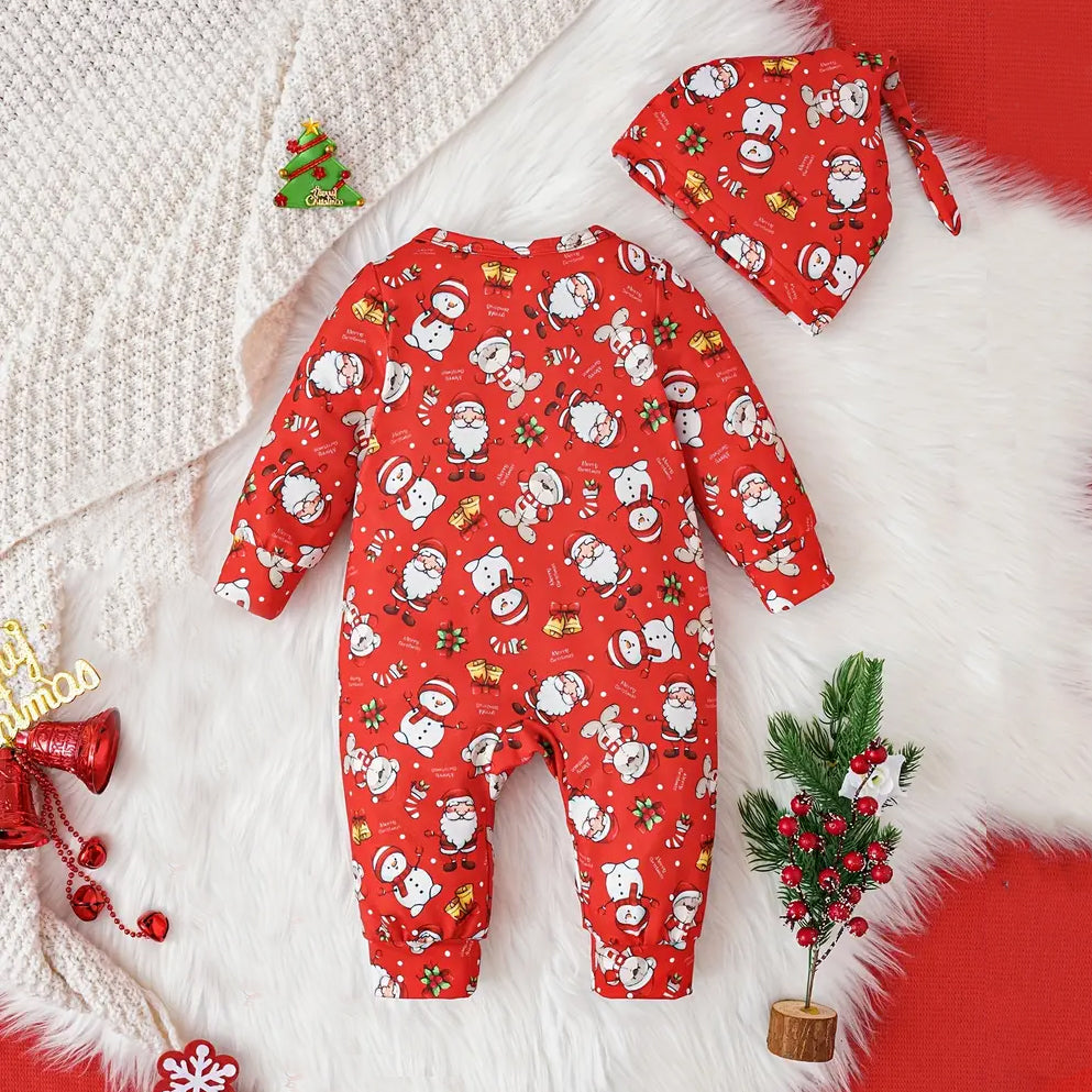 2PCS Allover Cute Santa Claus Printed Long Sleeve Baby Jumpsuit With Hat