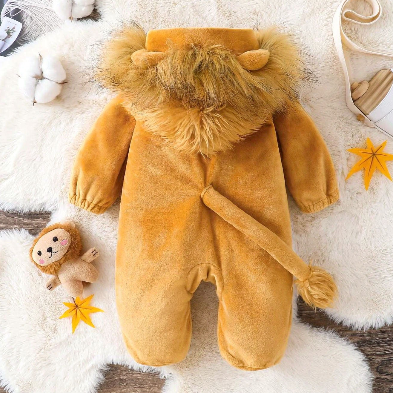 Lovely Fuzzy 3D Lion Decor Long Sleeve Hoodie Baby Jumpsuit