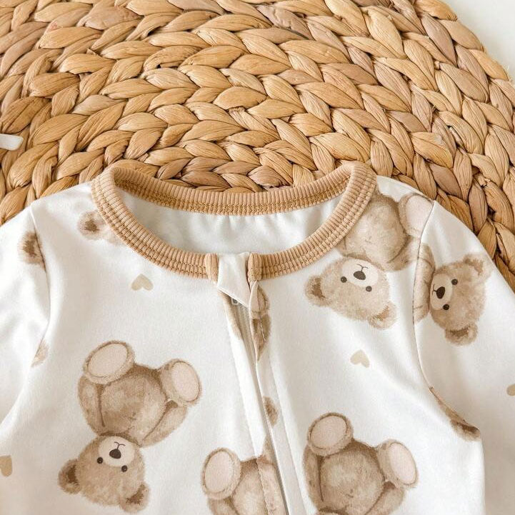 Lovely Teddy Bear Print Long Sleeve Zipper Baby Jumpsuit