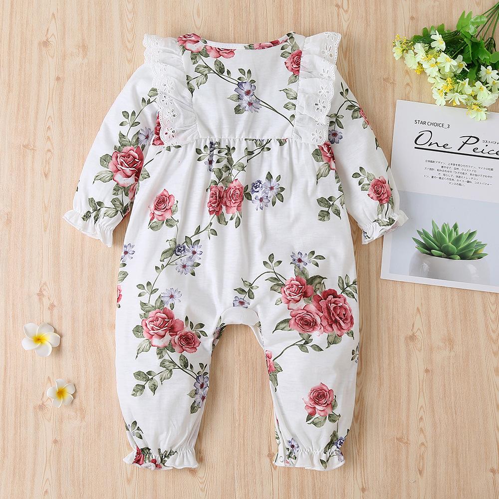 Cute Full Floral Printed Lace Long Sleeve Baby Girl Jumpsuit