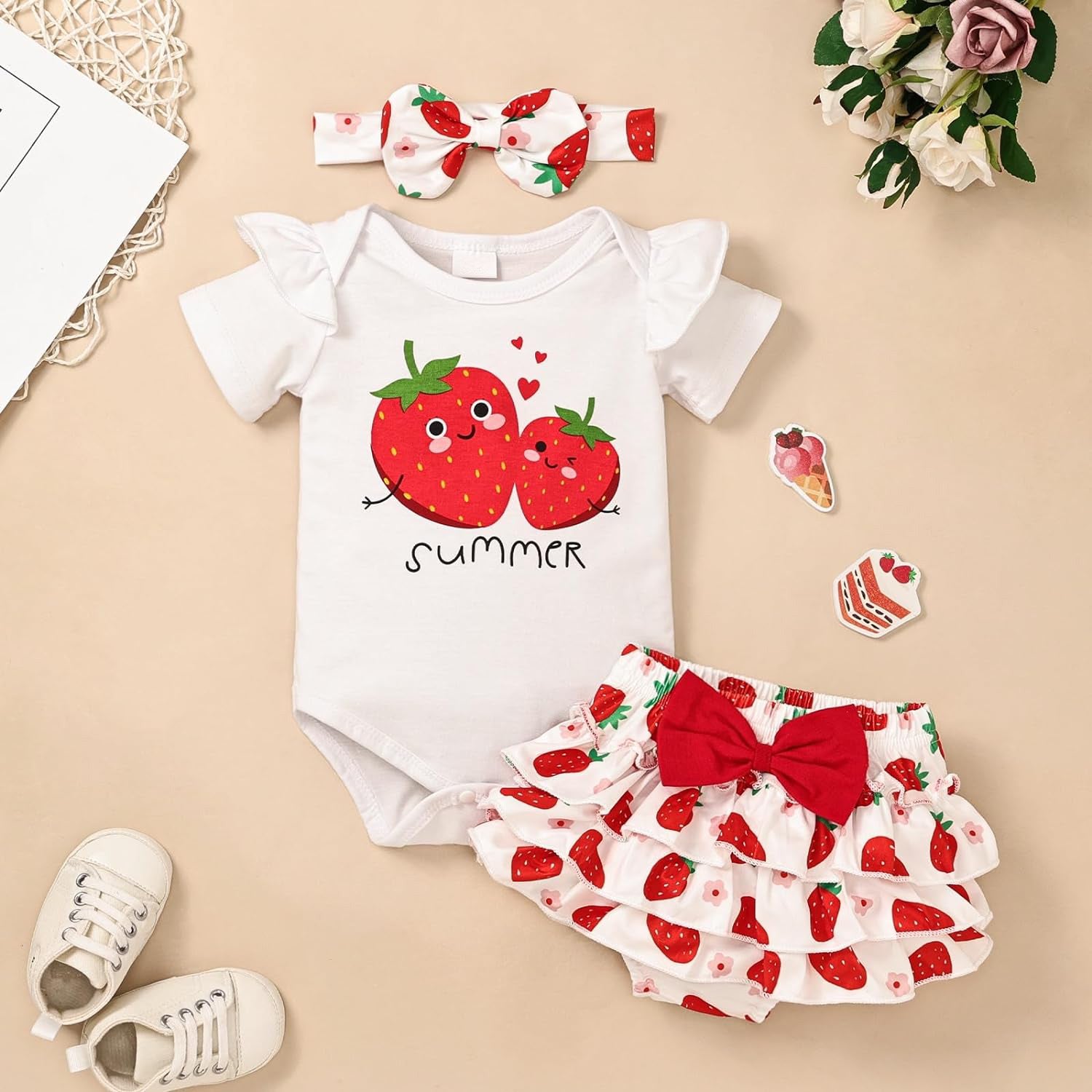 3PCS Lovely Strawberry Printed Short Sleeve Baby Set