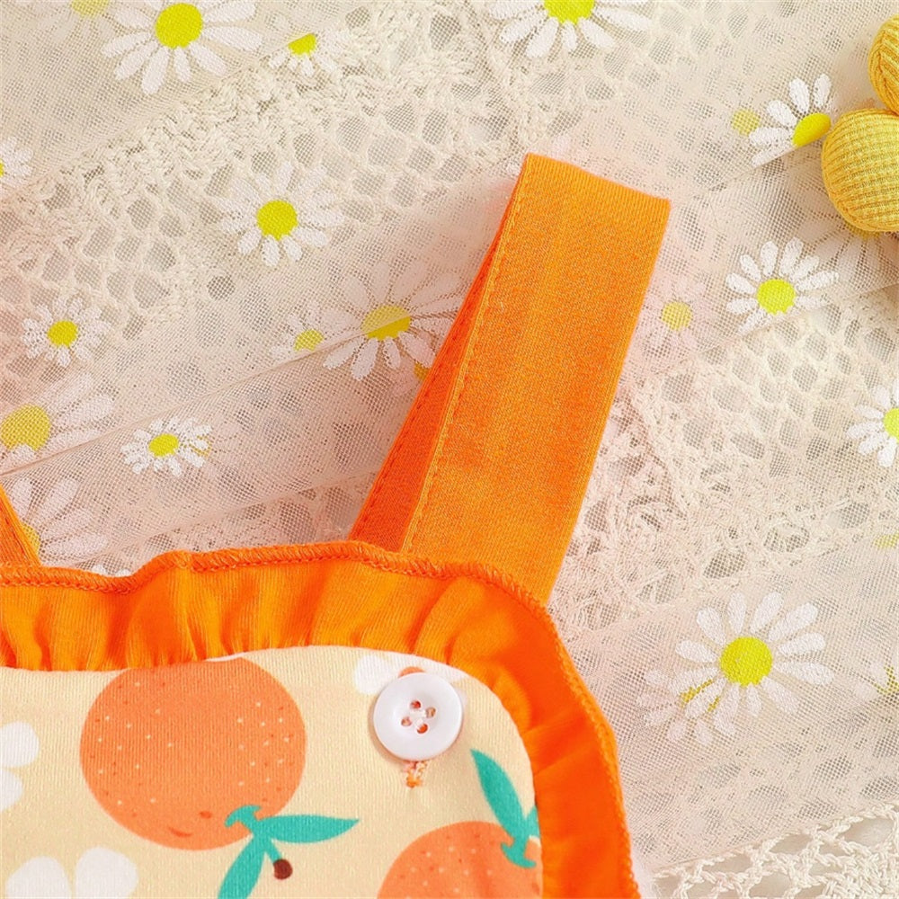 2PCS Casual Orange and Floral Printed Sleeveless Baby Romper