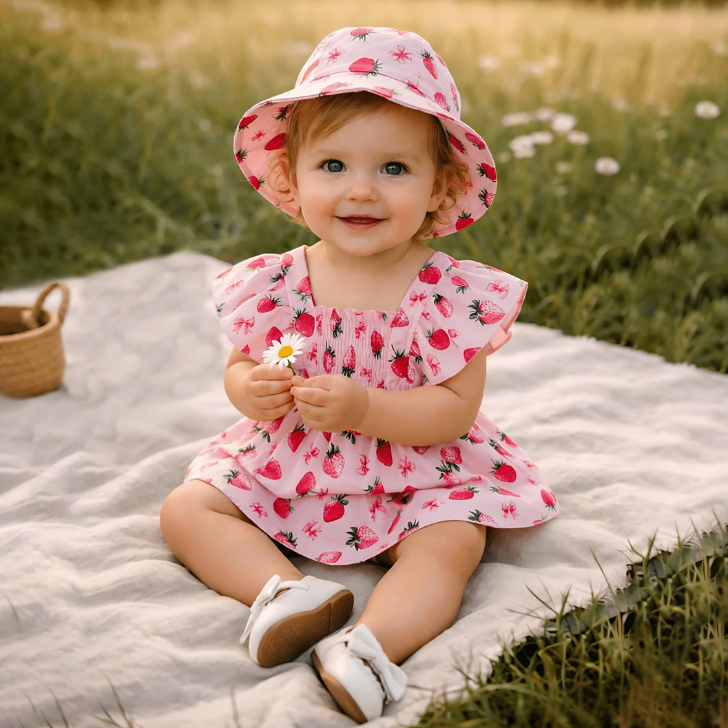 2PCS Sweet Strawberry Print Flounce Sleeve Baby Girl Romper