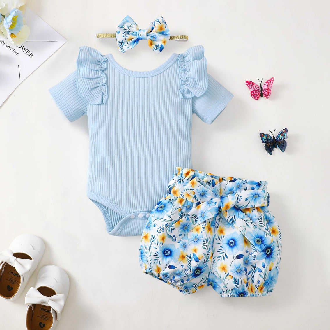 3PCS Pretty Floral Printed Ruffle Trim Short Sleeves Baby Set