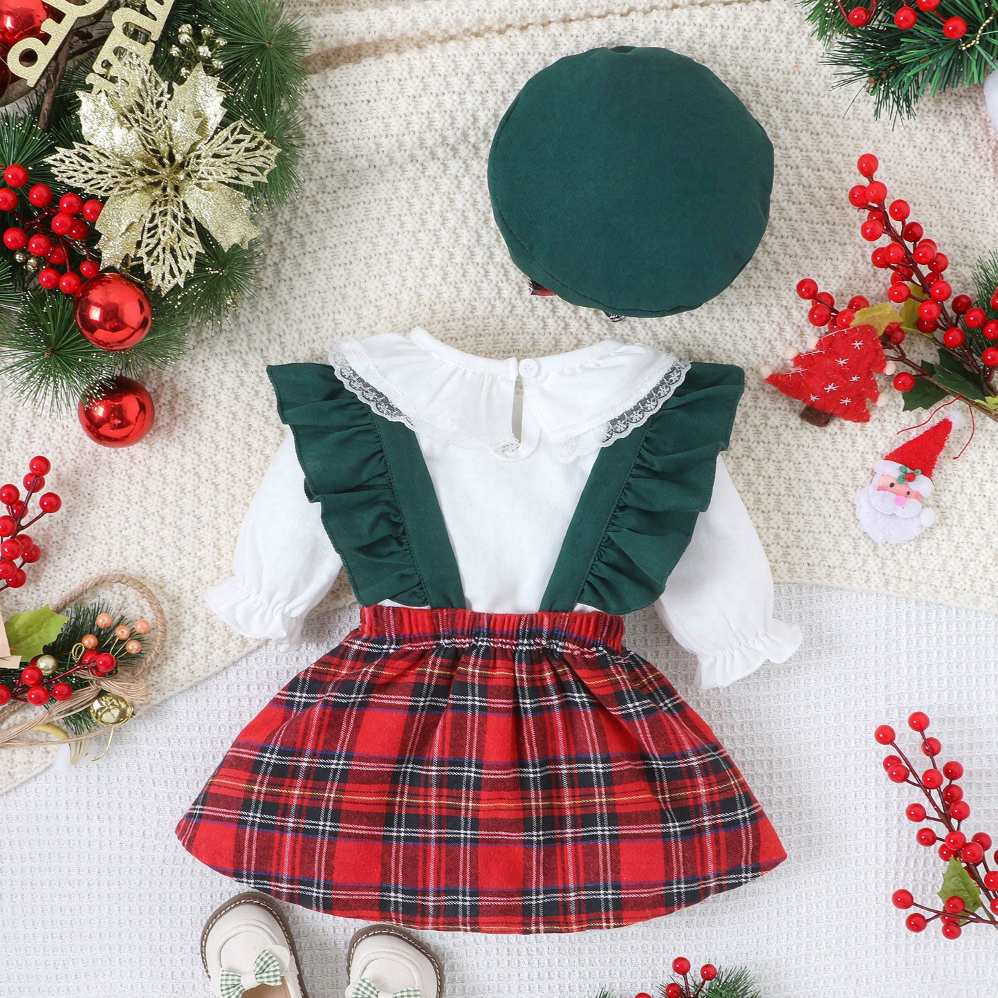 3PCS Christmas Classic Tartan Plaid Print Long Sleeve Baby Set