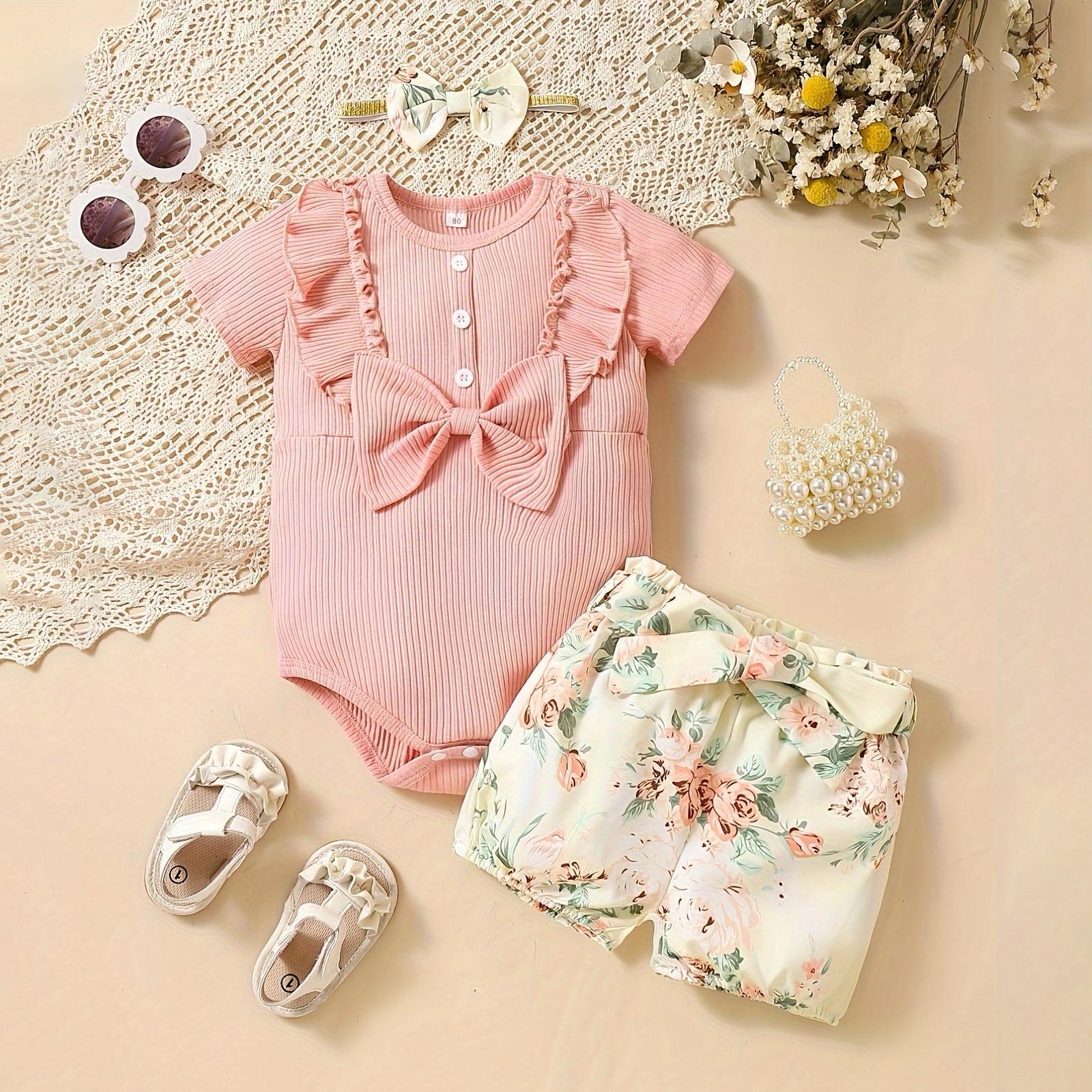 3PCS Adorable Floral Printed Short Sleeve Baby Set