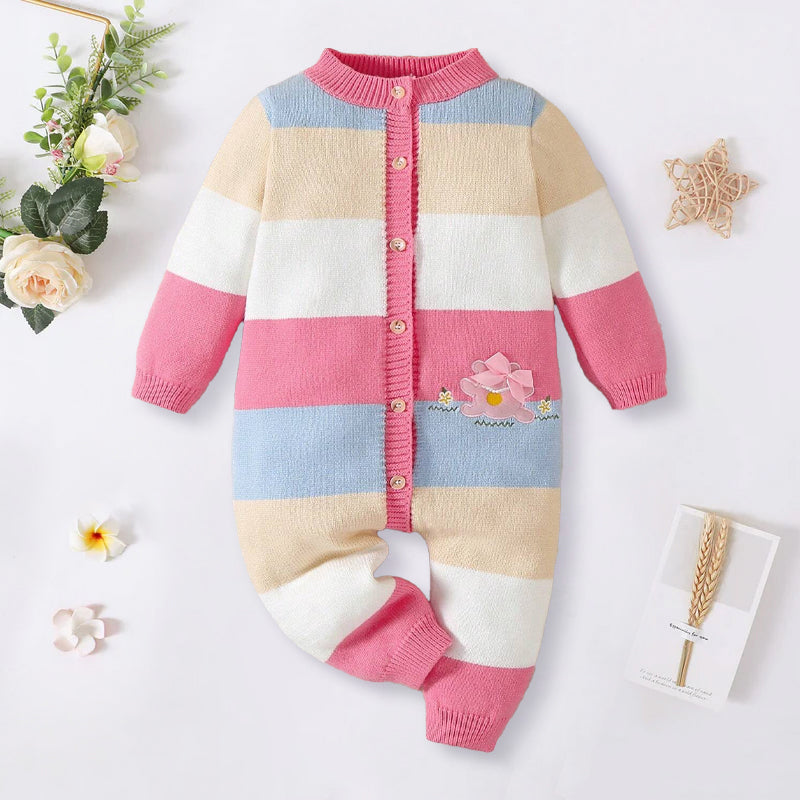 Trendy Multi-Color Contrast Knitted Long Sleeve Baby Jumpsuit