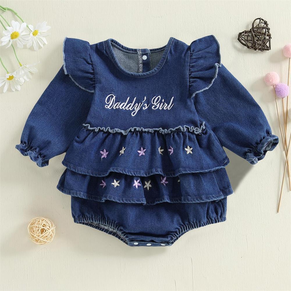 Daddy's Girl Letter Embroidery Long Sleeve Denim Baby Romper