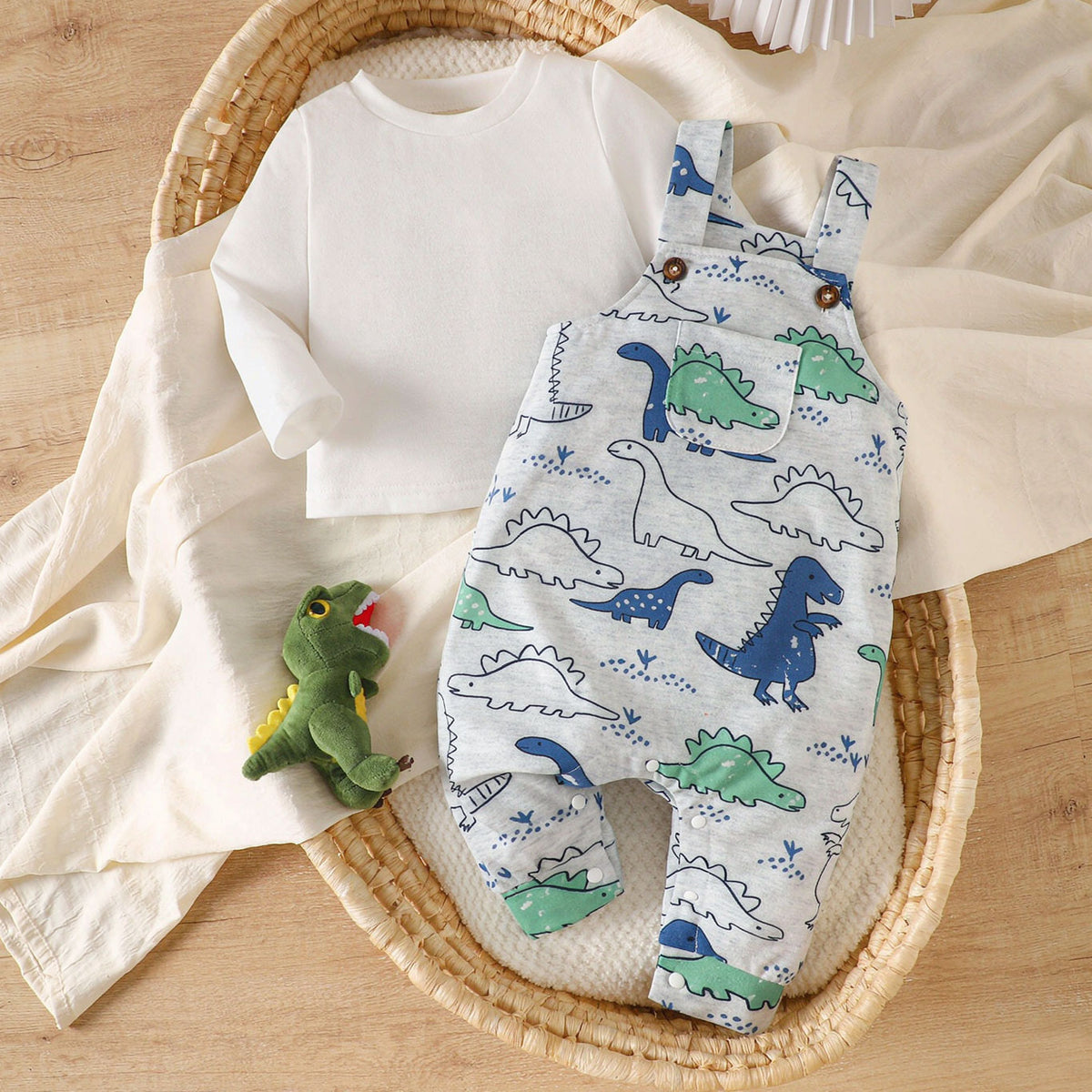 2PCS Cute Dinosaur Print Long Sleeve Baby Boy Overalls Set