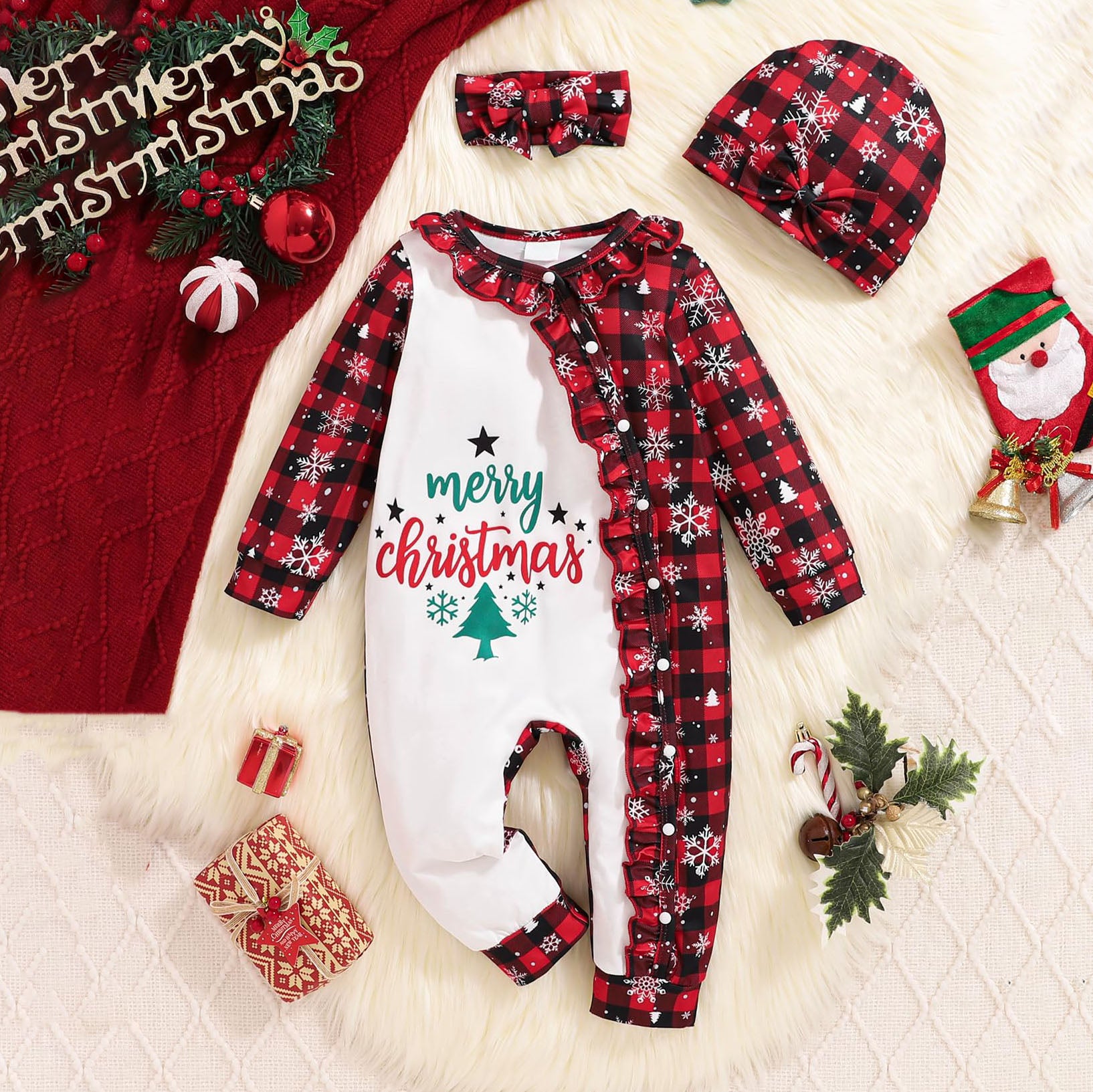 3PCS Merry Christmas Snowflake Lattice Printed Baby Jumpsuit