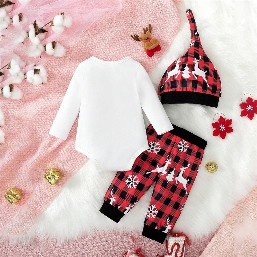 3PCS My 1st Christmas Letter Plaid Printed Baby Set