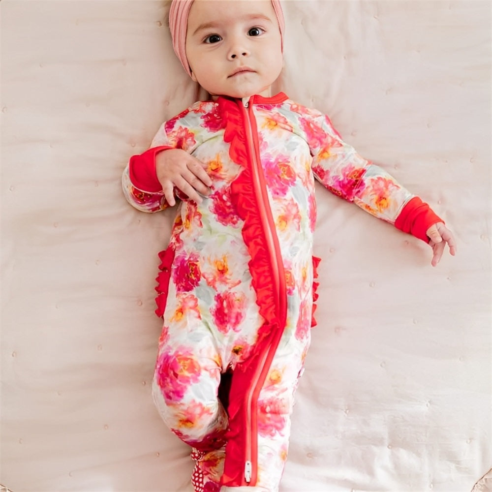 Casual Stylish Floral Print Ruffle Long Sleeve Baby Jumpsuit