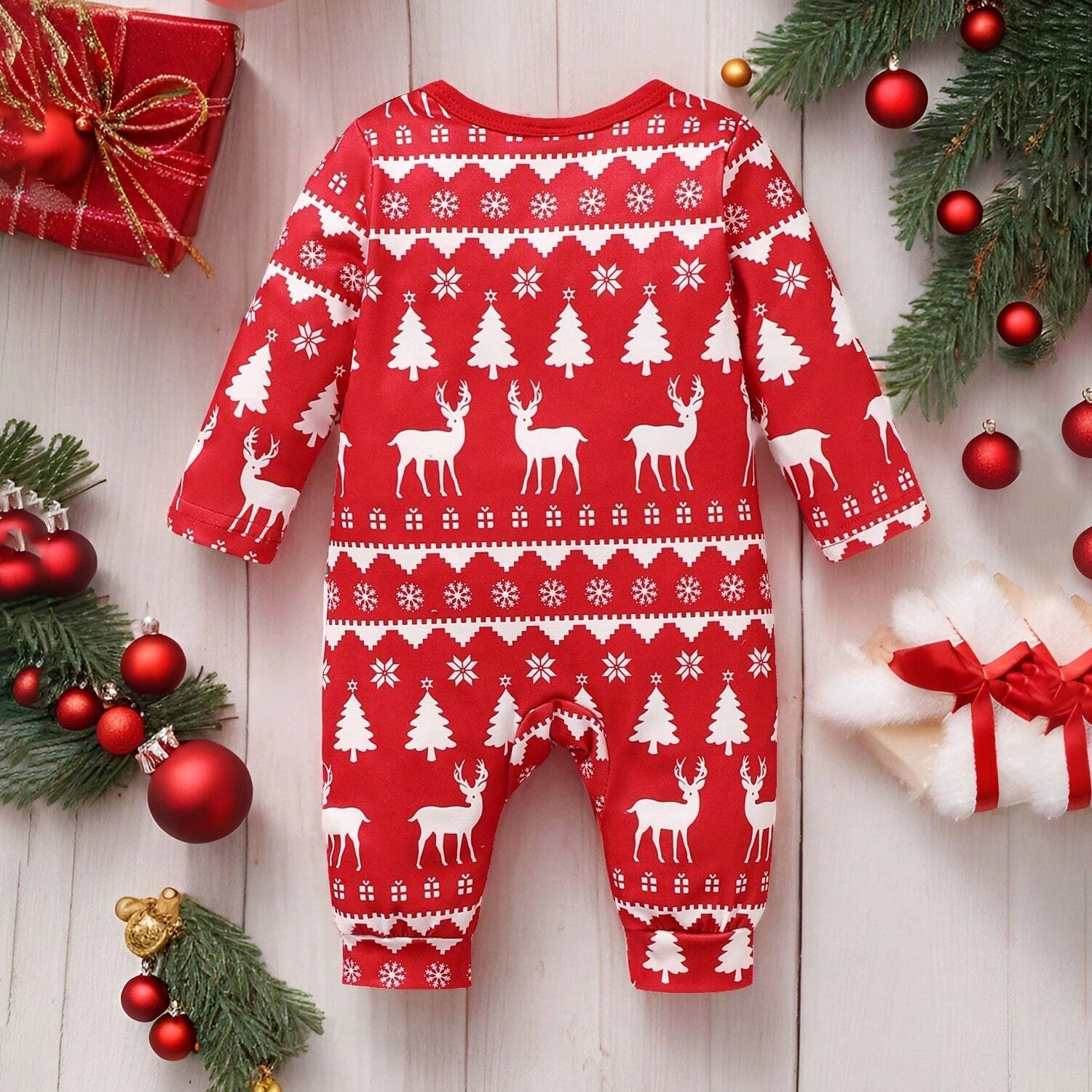 Cute Christmas Elk Printed Long Sleeve Baby Jumpsuit