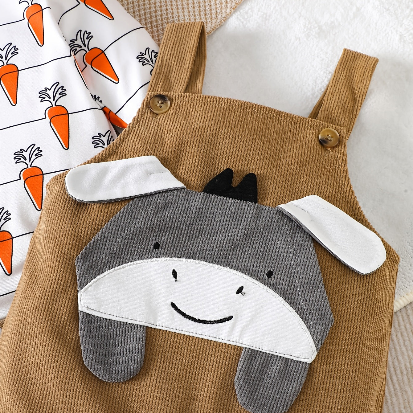 2PCS Cute Donkey and Carrot Print Long Sleeve Baby Overalls Set