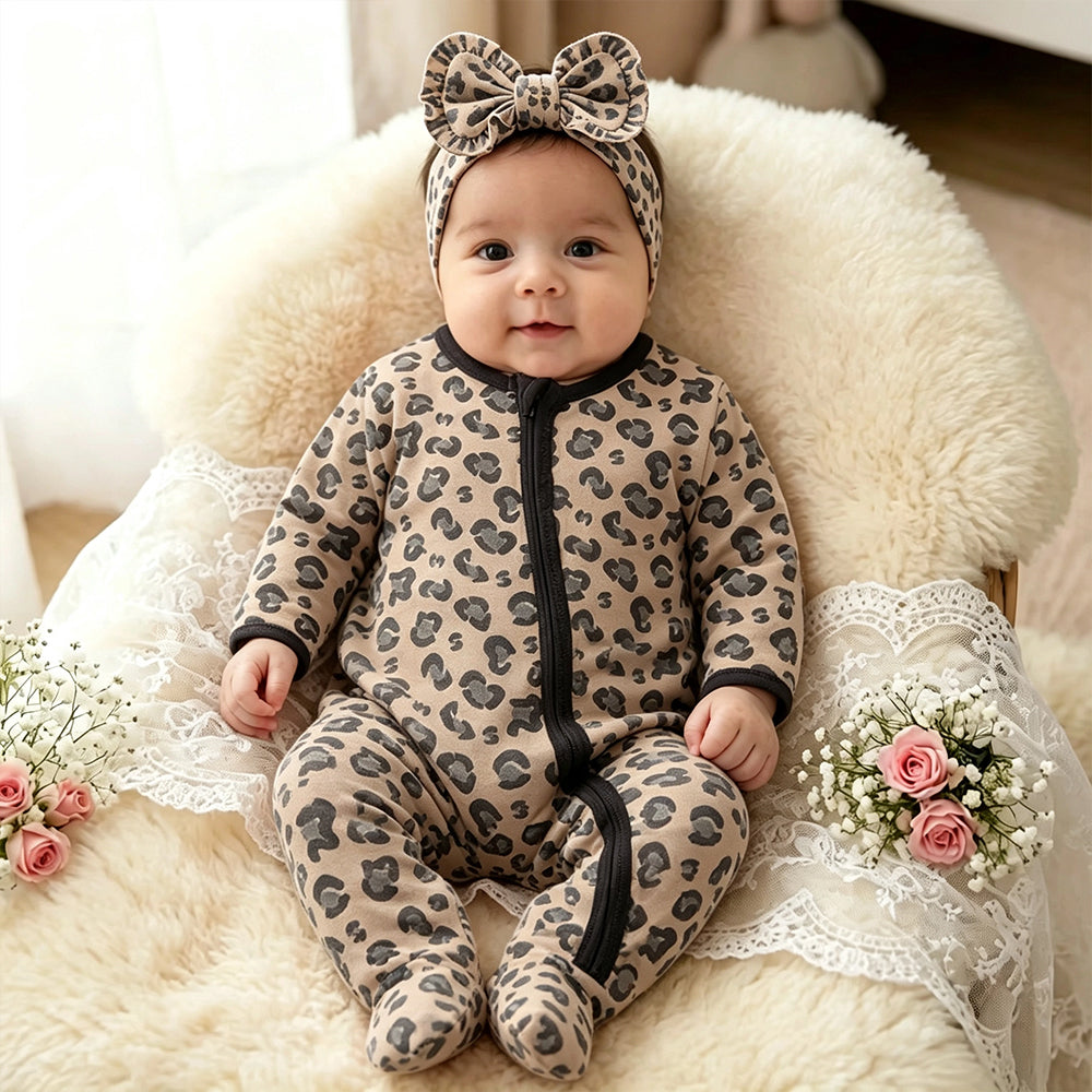 2PCS Casual Leopard Print Zipper Long Sleeve Baby Girl Jumpsuit