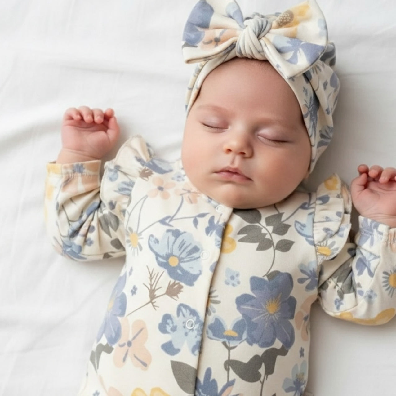 2PCS Gorgeous Floral Printed Ruffled Long Sleeve Zipper Baby Jumpsuit