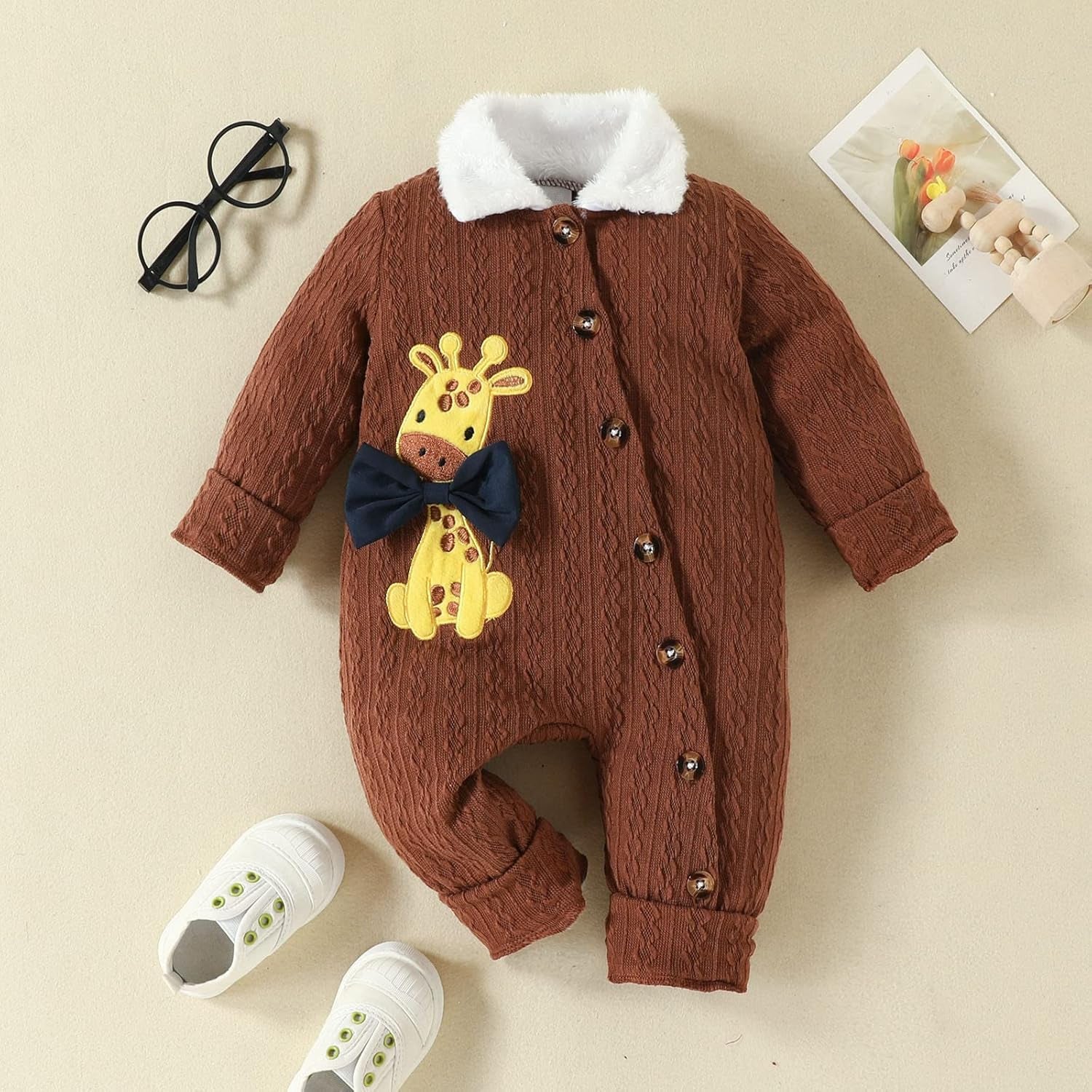 Cute Giraffe Printed Knitted Long Sleeve Baby Jumpsuit