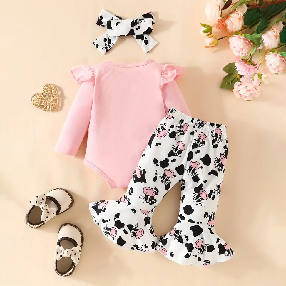 3PCS Holy Cow I'm Cute Letter and Cow Printed Long Sleeve Baby Flared Pants Set