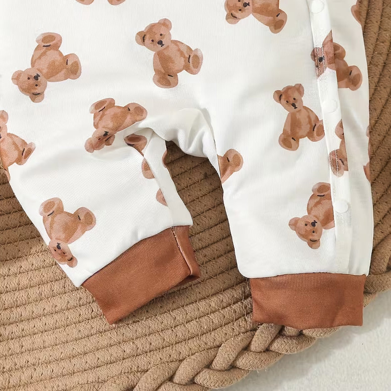 2PCS Delightful Teddy Bear Print Long Sleeve Baby Jumpsuit