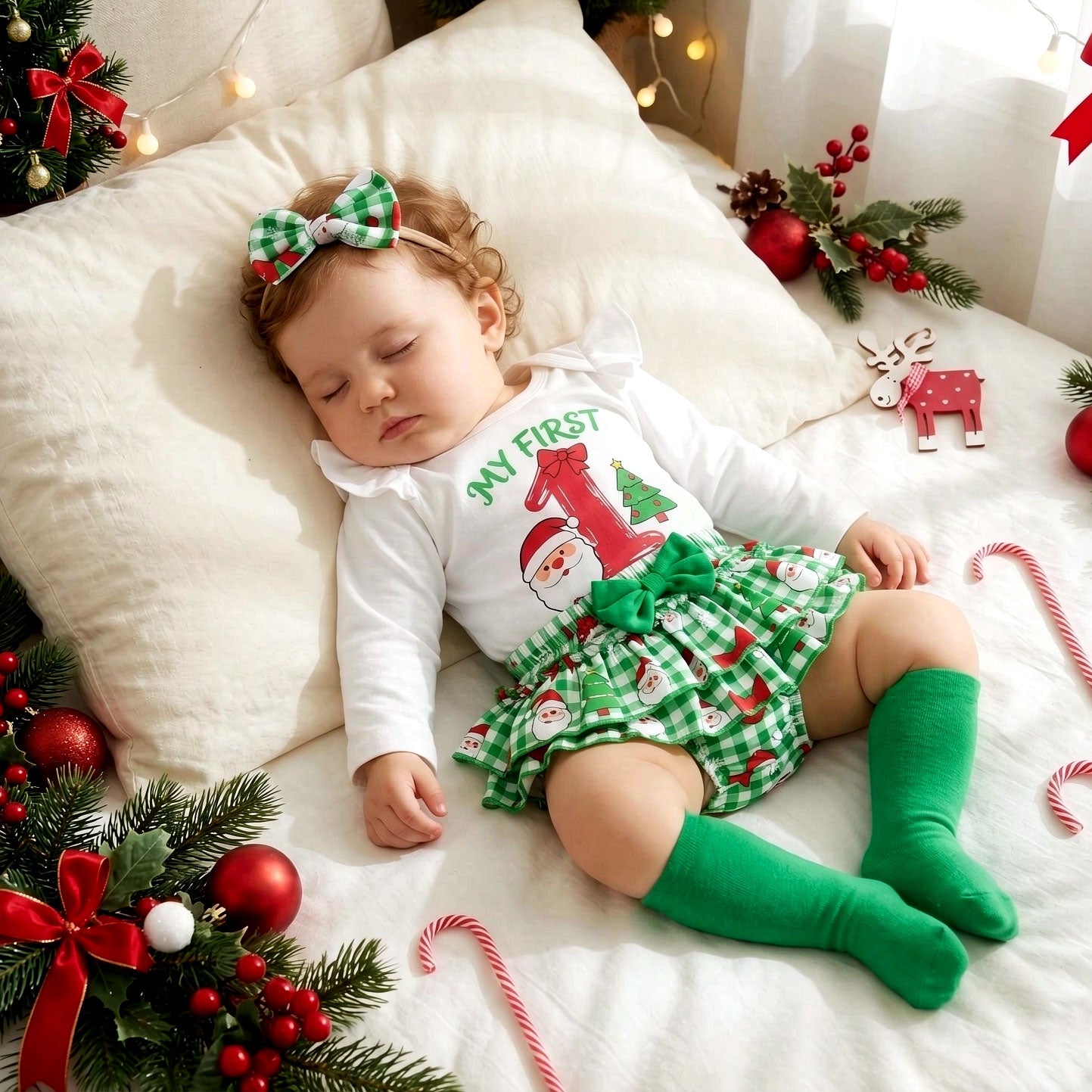 4PCS My First Christmas Letter Plaid Santa Claus Print Baby Set