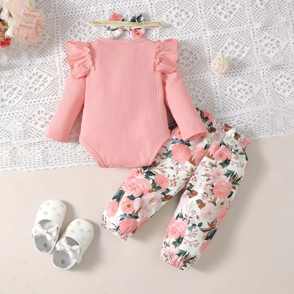 3PCS Elegant Floral Printed Long Sleeve Baby Set