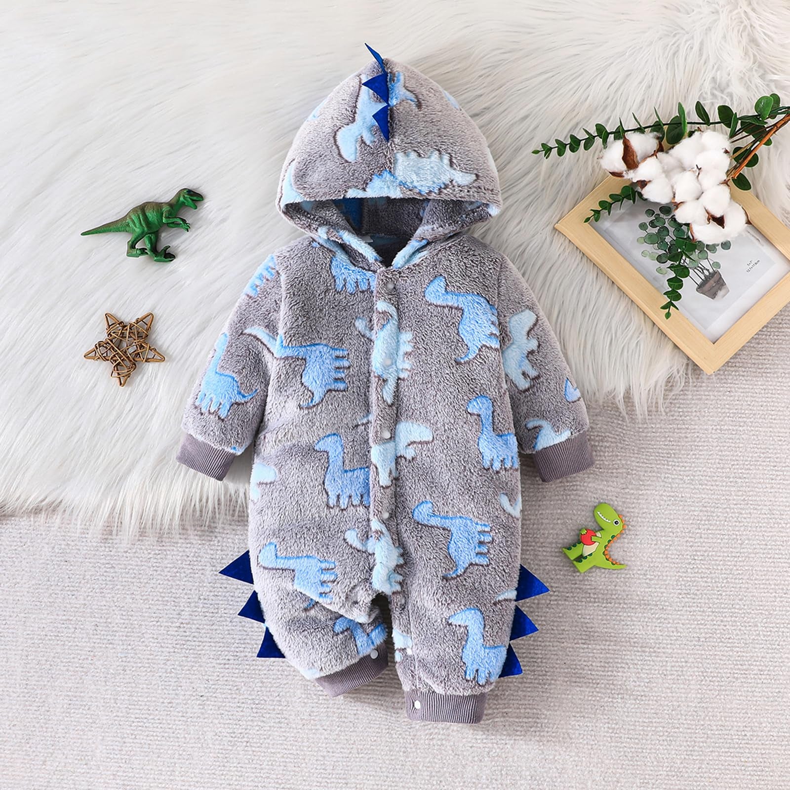 Cozy Cartoon Dinosaur Pattern Plush Hooded Baby Jumpsuit