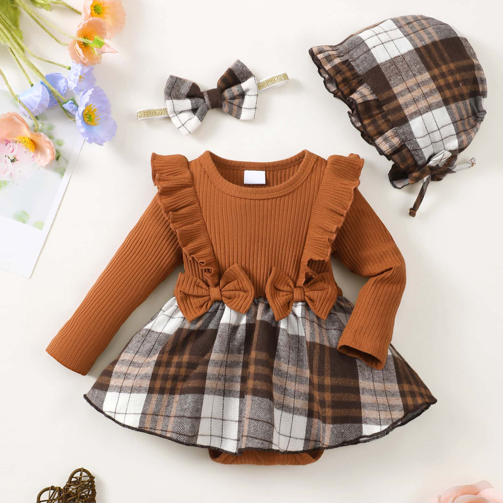 3PCS Timeless Plaid Print Baby Romper With Hat