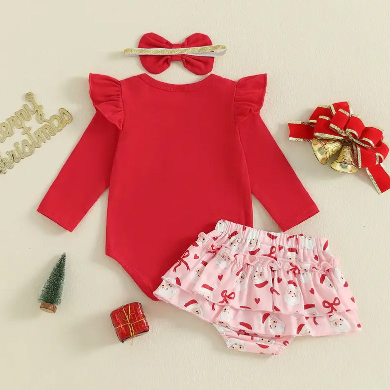 3PCS Christmas Santa Claus Bow Printed Baby Set