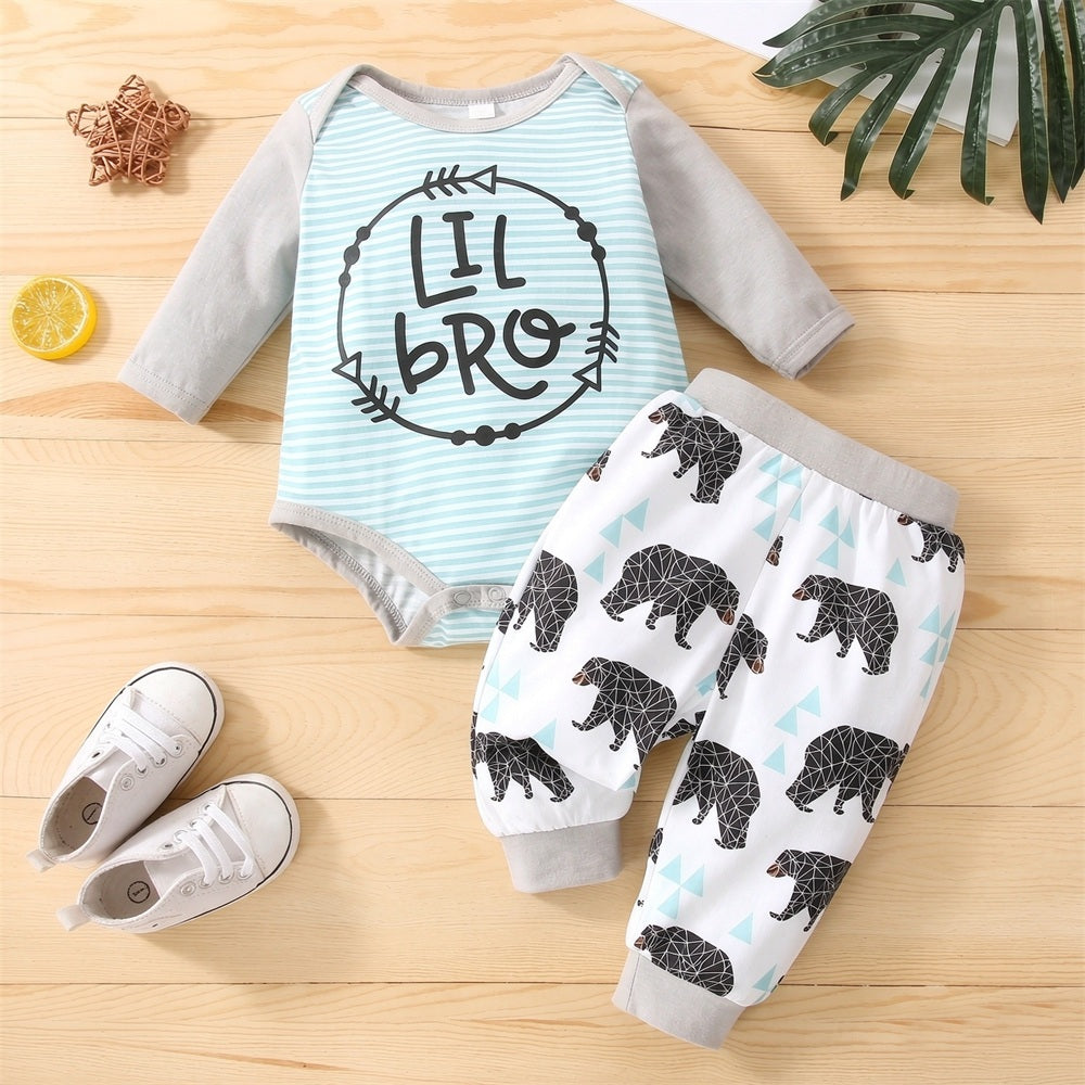 2PCS Lil Bro Letter Bear Print Long Sleeve Baby Set