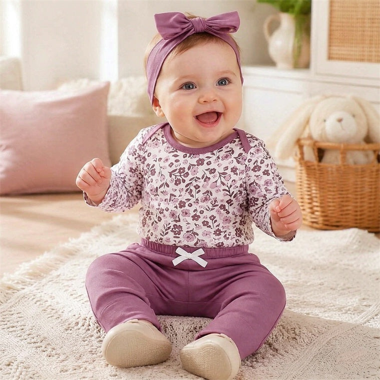 3PCS Dreamy Floral Printed Long Sleeve Baby Girl Set