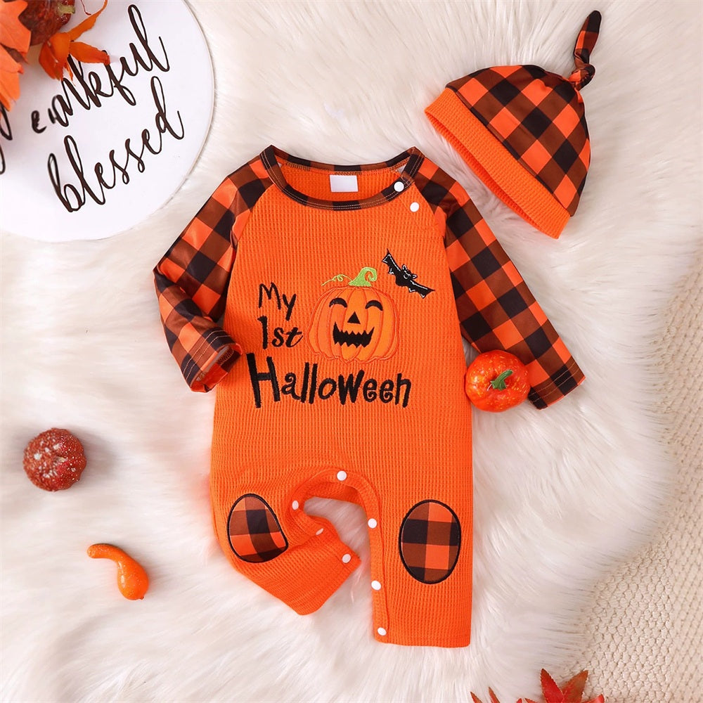 2PCS My 1st Halloween Letter Embroidery Pumpkin Plaid Print Baby Jumpsuit