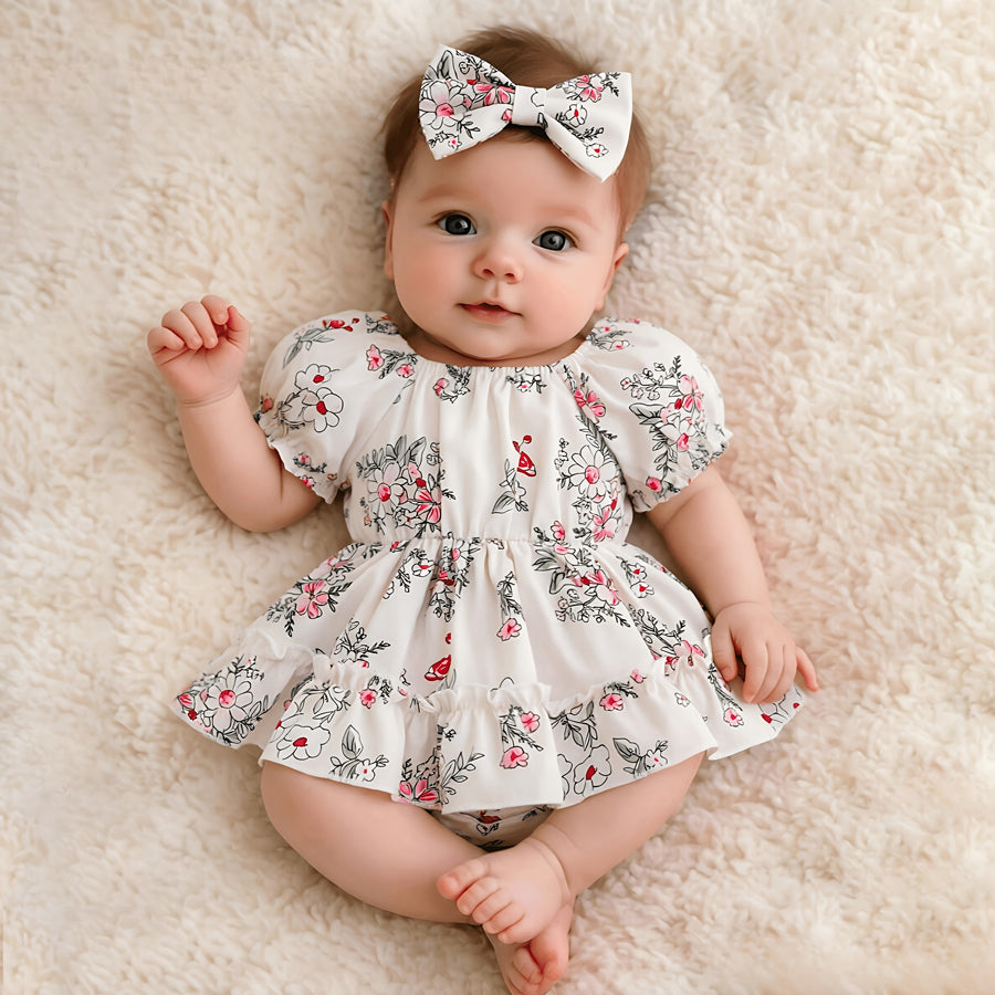 2PCS Romantic Floral Print Short Sleeve Baby Girl Romper