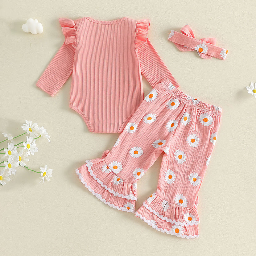 3PCS I Got It From My Mama Letter Daisy Print Long Sleeve Baby Set