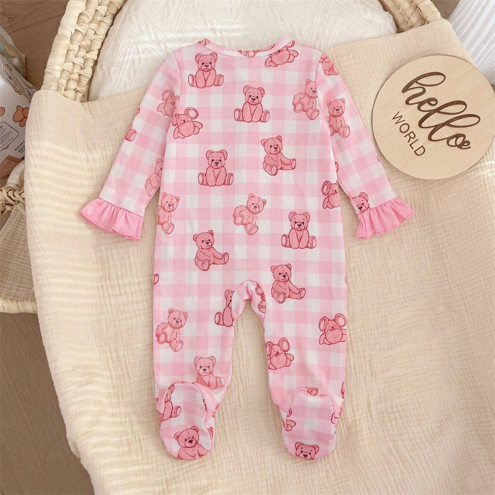 2PCS Lovely Bear Plaid Print Ruffle Zipper Baby Jumpsuit