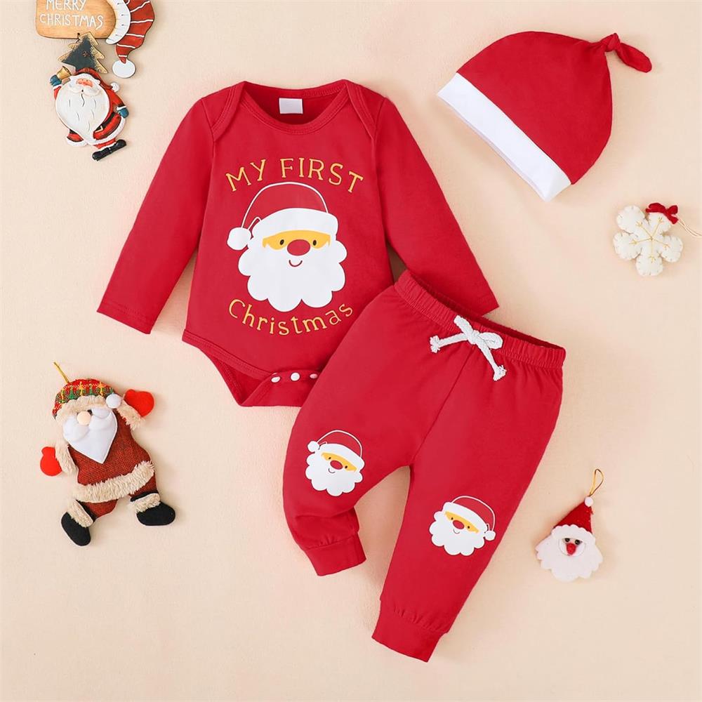 3PCS My First Christmas Letter Santa Claus Print Long Sleeve Baby Set