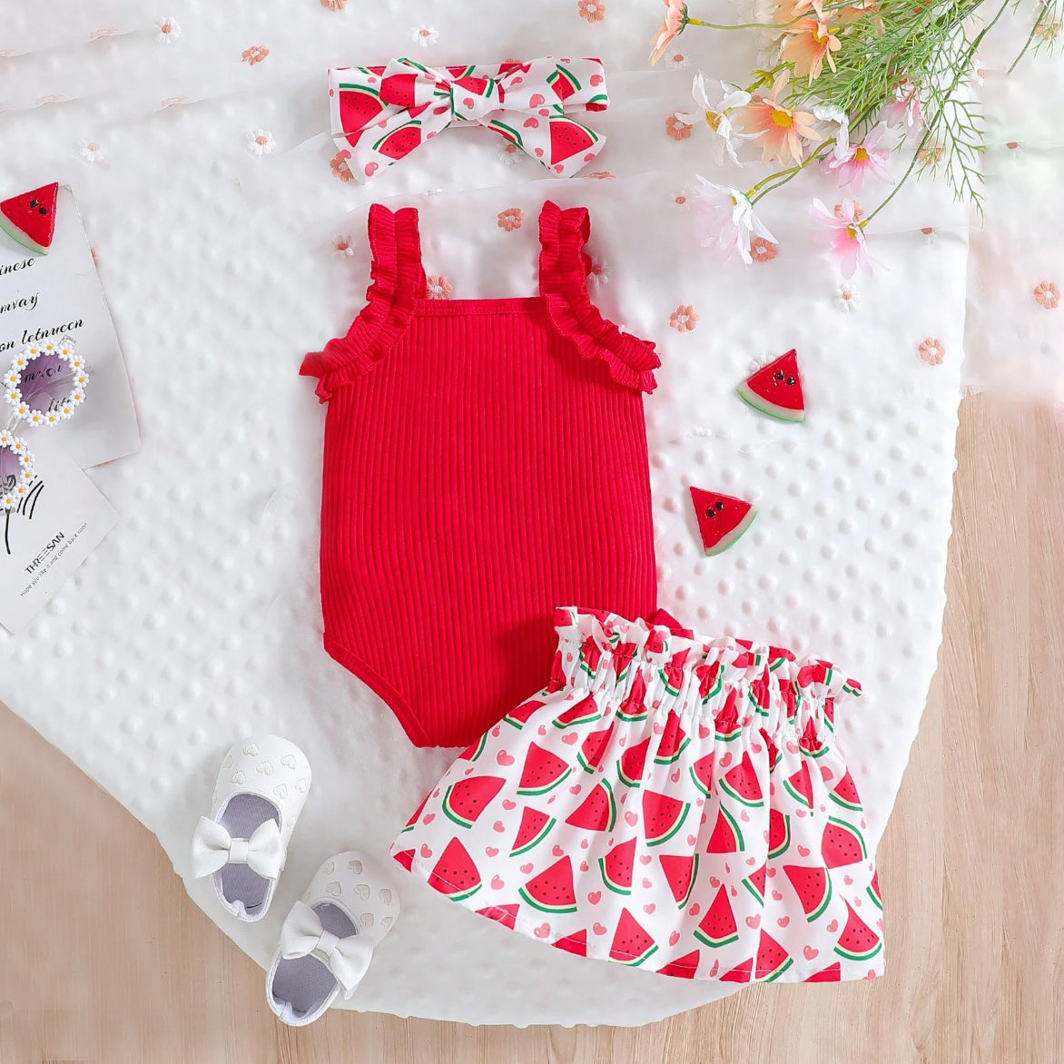 3PCS Summer Watermelon Printed Sleeveless Baby Girl Set