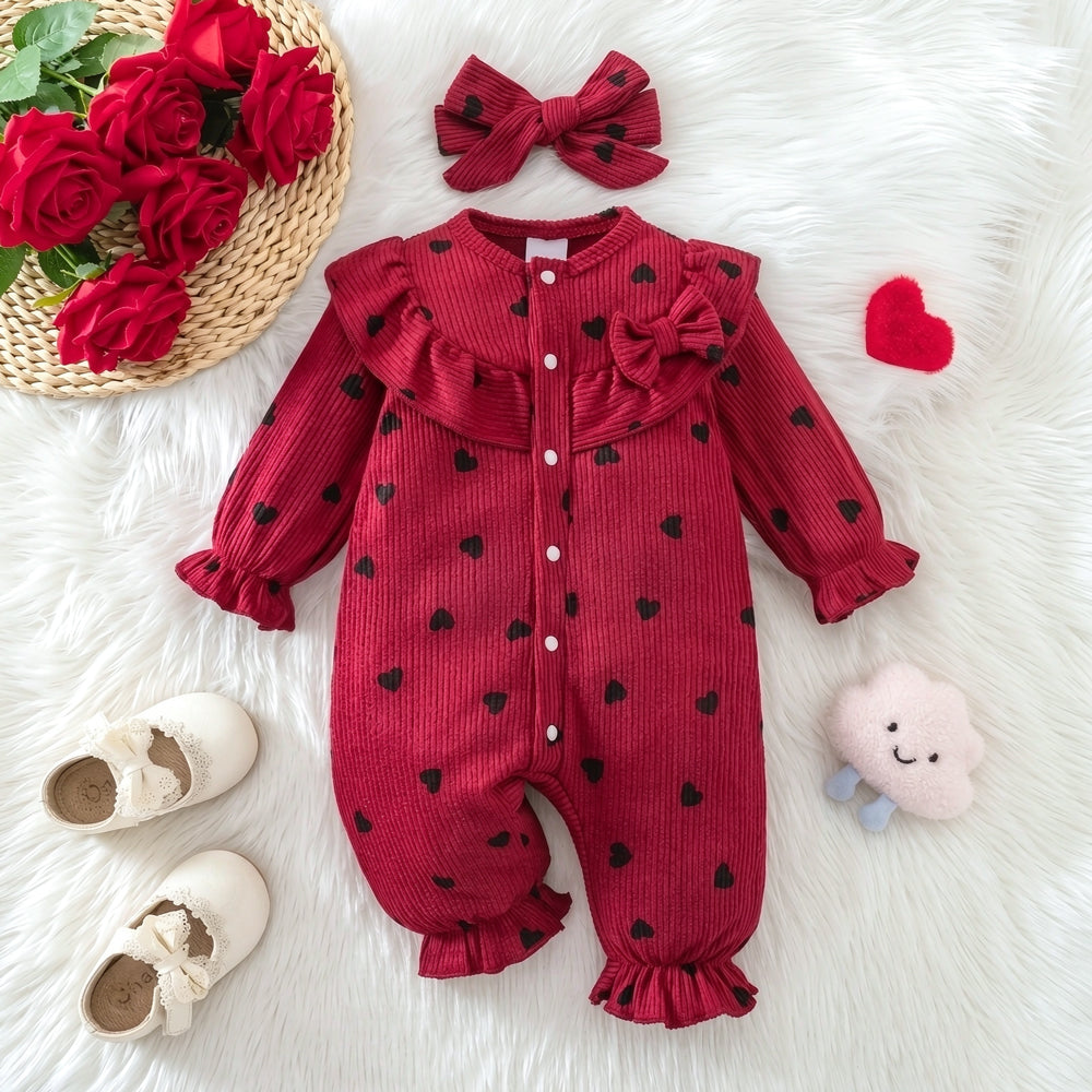 2PCS Lovely Baby Girl Heart Printed Bow Long Sleeve Jumpsuit