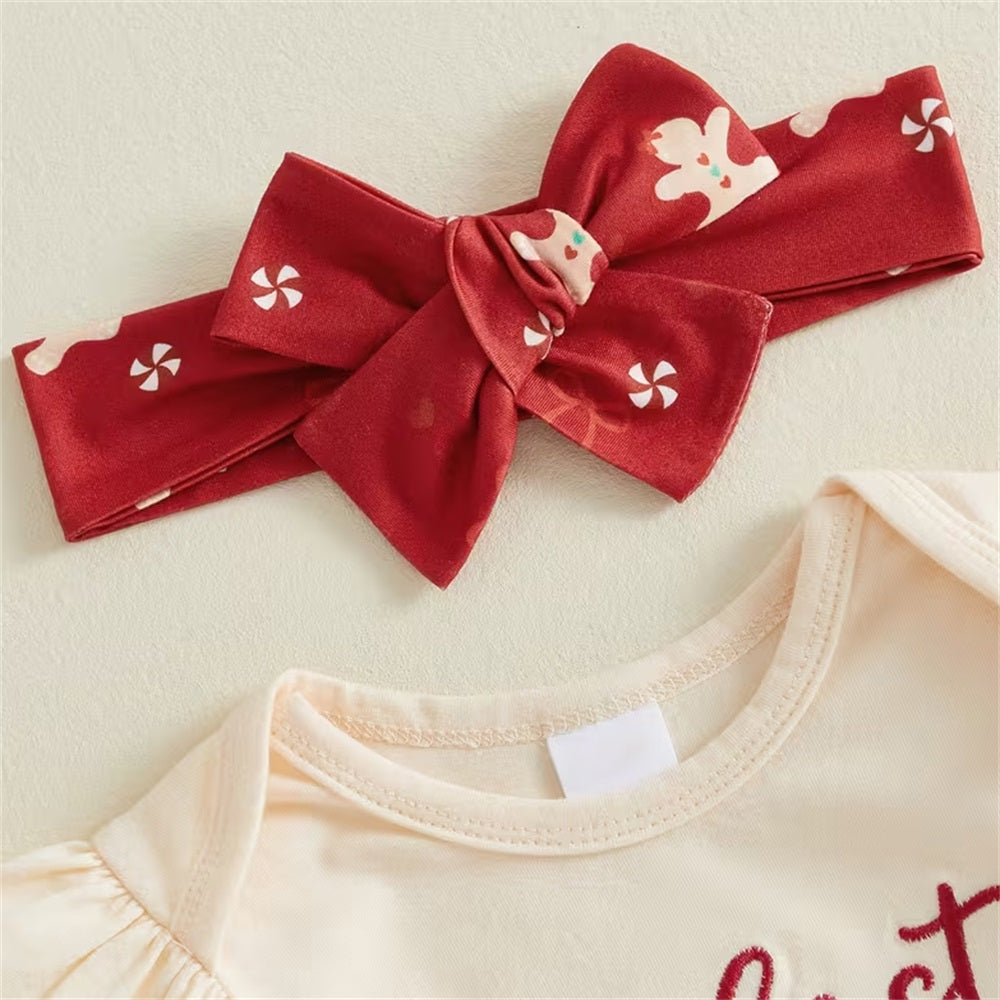 3PCS My First Christmas Letter Embroidery Gingerbread Print Baby Set